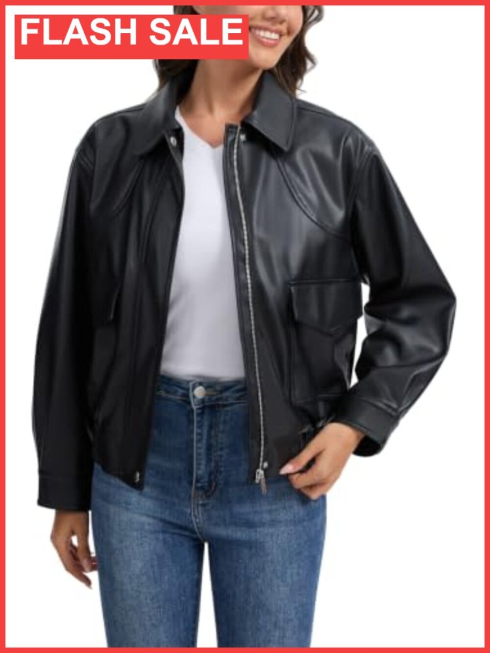 Faux Leather Moto Jacket Dual Closure Snap Zip Biker Coat